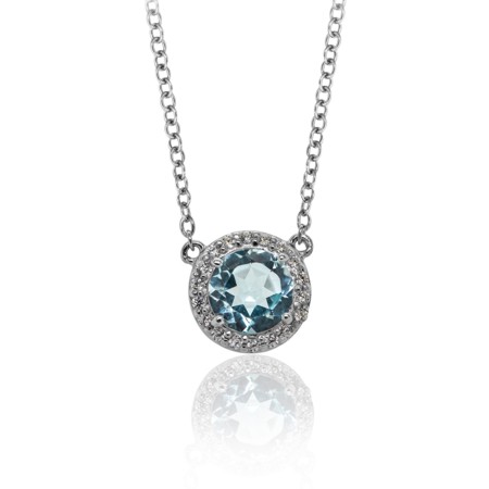 Blue Topaz CZ Halo Sterling Silver Necklace - Click Image to Close